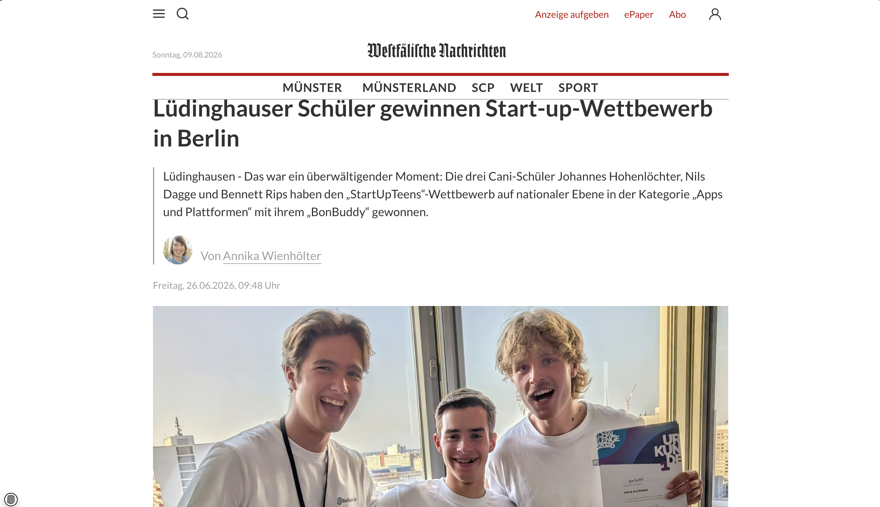 Westfälische Nachrichten Artikel über den Start-up-Wettbewerb-Sieg in Berlin